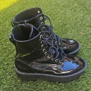 Divided Shiny Black Platform Combat Boots